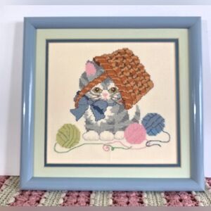 Vintage Needlepoint Embroidered Franed Kitty Cat With Yarn & Basket On Head
